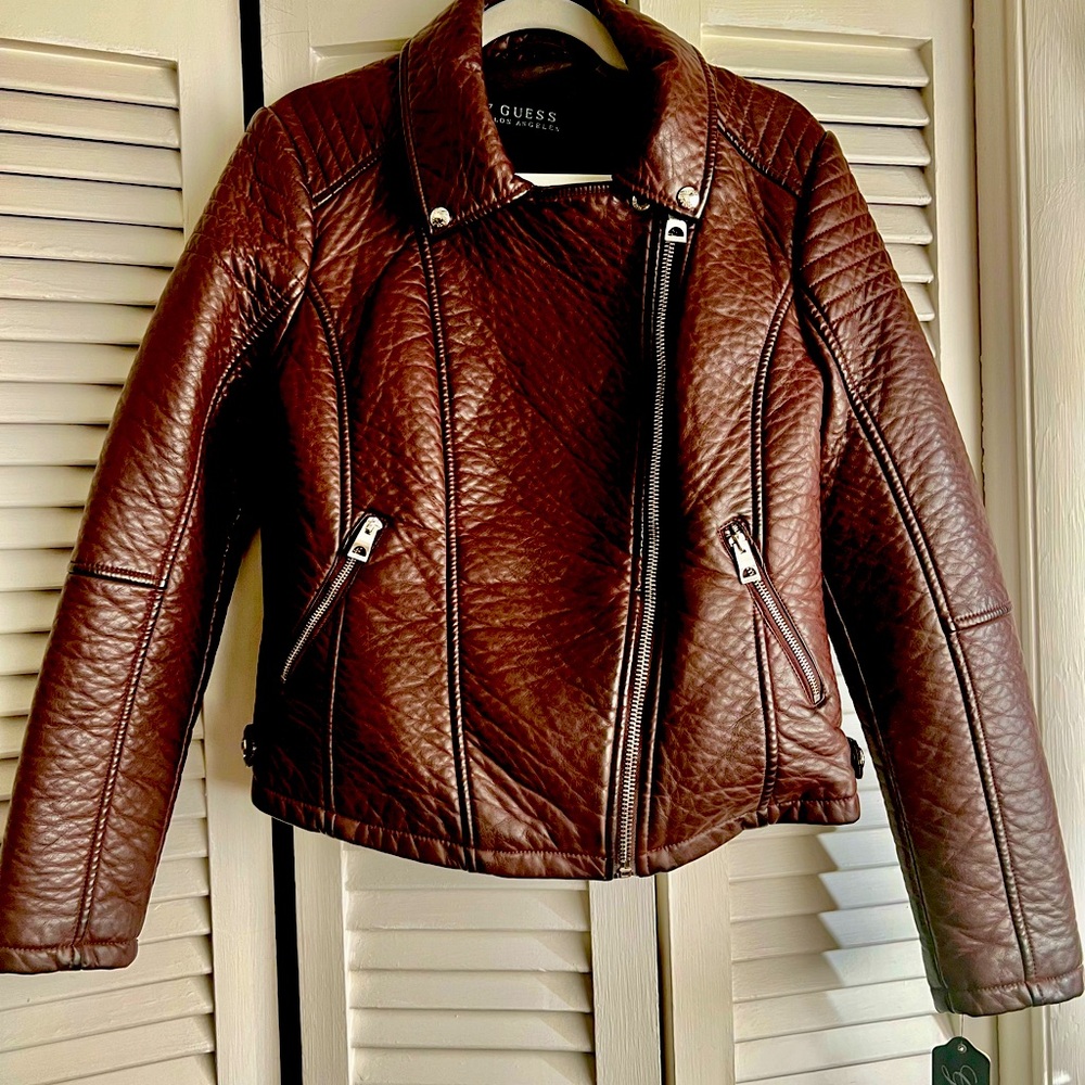 Guess Vegan Leather Wine Colored Jacket- NWT- Size Large